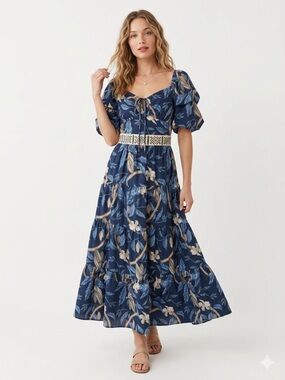 La’Ros Navy Floral Puff Sleeve Tiered Midi Dress – NWT – Size Small